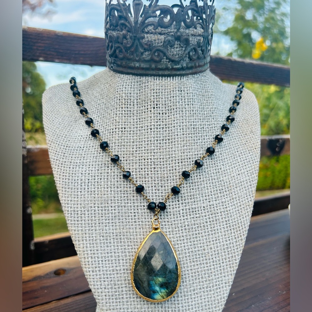 Elegant Gold Beautifully Cut Labradorite Large Tear Drop on Swarovski Necklace